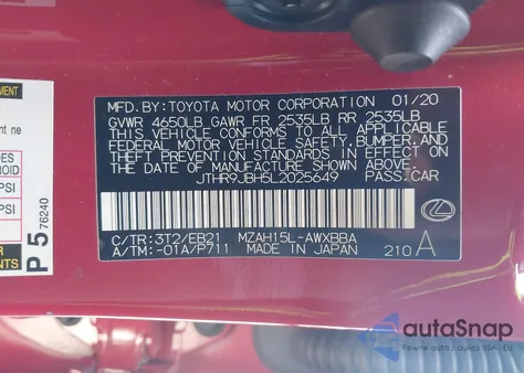 2020 Lexus Ux 250H F Sport z USA, uszkodzony, nr VIN JTHR9JBH5L2025649